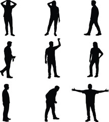 Silhouette people poses vector illustration, standing men and women gestures, casual posture,