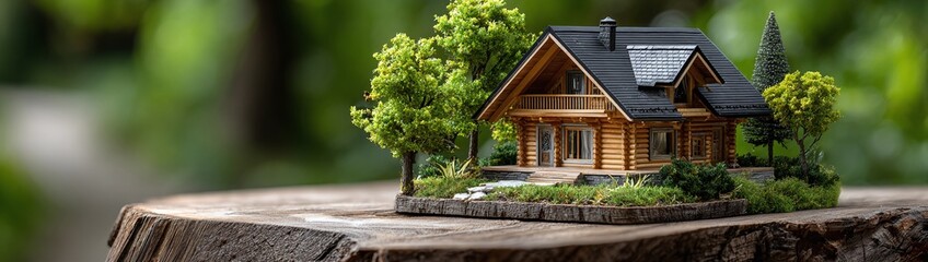 Charming miniature log cabin dream home model on rustic wooden surface concept