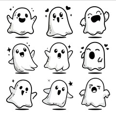 set of cute ghost in different poses kawaii style simple vector SVG cut files black and white bold and thick filled in black line