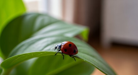 Obraz premium Vibrant red ladybug with black spots, extreme close-up macro, crawling on a lush green houseplant leaf. Detailed insect shell, intricate veins, soft natural light, indoor bokeh