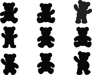 Teddy bear silhouettes vector illustration, cute toy icons collection, children plush animal shapes, stuffed toy graphics, black shadow clipart for kids design projects