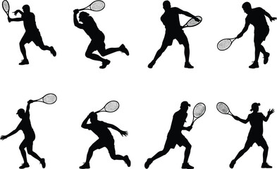 Tennis player silhouette, athletes with racket, sport action poses, competitive match movements, 