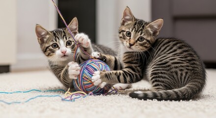 Cute playful tabby kittens, 10 weeks old, entangled in a vibrant yarn ball on a soft white rug. Innocent mischief, domestic pet fun, energetic animal play.