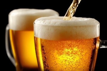 Two glasses of beer with foam on top, one of which is being poured into the other. Concept of relaxation and enjoyment