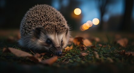 Fototapeta premium Curious hedgehog foraging among fallen autumn leaves in a tranquil twilight garden, soft bokeh lights. Wildlife photography, autumn, fall, dusk, evening, nature, mysterious, serene