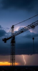 A dramatic construction crane stands tall against a stormy twilight sky, showcasing a powerful lightning strike.