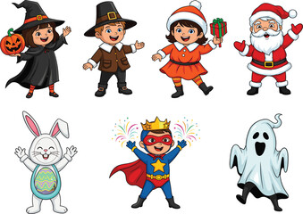 Festive holiday character cartoon vector illustrations featuring Halloween, Thanksgiving, Christmas, Easter, superhero, and ghost costumes for seasonal celebration and design art