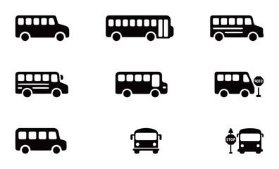 Bus icons in a variety of styles. Public transportation and school bus symbols. © Zhangxiao