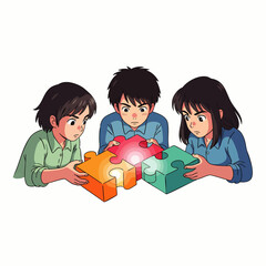 Three animated friends intently assemble glowing puzzle pieces, symbolizing collaborative problem-solving and the exciting journey of finding a perfect solution together.