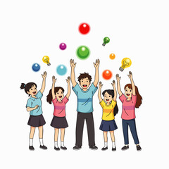 A cheerful group of people, including an adult and children, joyfully reaches for colorful spheres and bright lightbulbs, symbolizing innovation, learning, and success.