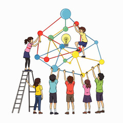 A diverse group of individuals actively collaborates to construct a complex network of interconnected ideas, representing teamwork, problem-solving, and shared innovation.