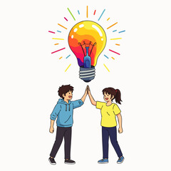 Two enthusiastic young individuals celebrate a successful collaboration with a high-five, symbolizing a bright, innovative idea emerging from their teamwork.