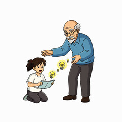 An experienced senior mentor guides a curious young girl, fostering her learning and inspiring new ideas through engaging educational interaction.