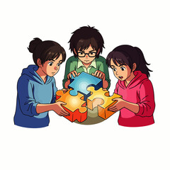 Young individuals are diligently collaborating to connect intricate puzzle pieces, illustrating the essence of teamwork, cooperation, and shared achievement.