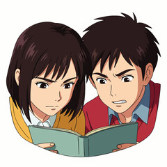 Two young anime-style characters, a boy and a girl, intensely focus on an open book, sharing a moment of serious study or collaborative learning.