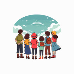 A diverse group of curious individuals stands together, gazing with wonder at a mysterious, glowing celestial phenomenon in the night sky.