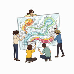 A diverse group of young artists and a child joyfully collaborate on a vibrant, abstract mural, expressing their collective creativity and teamwork.