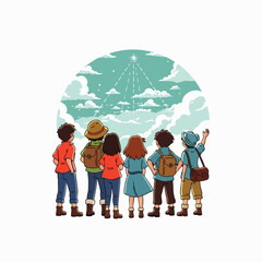 A diverse group of young children stands together, looking up at a bright guiding star through a cloudy sky, representing hope, future dreams, and exploration.
