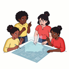 Four diverse professional women intently collaborate, strategizing over a detailed architectural blueprint, demonstrating effective teamwork and innovative problem-solving.