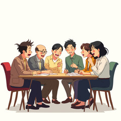 A diverse group of cheerful colleagues and friends engage in a lively discussion around a table, sharing ideas and laughter in a collaborative setting.