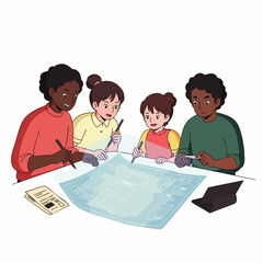 A diverse group of four professionals collaboratively analyzes a detailed blueprint, fostering innovative ideas and strategic planning in a dynamic team environment.