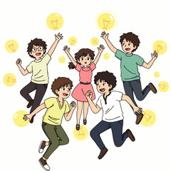 A vibrant group of diverse young individuals joyfully leaps amidst numerous glowing lightbulbs, symbolizing collaborative innovation and shared brilliant ideas.