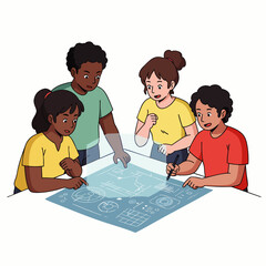 Four diverse young students actively collaborate around a futuristic holographic table, engaging with complex data and innovative technology.