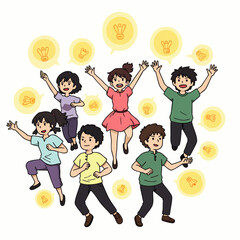 Energetic young people joyfully express brilliant new ideas, surrounded by glowing lightbulb symbols representing creative thought, innovation, and collaborative learning.