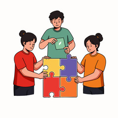 Three diverse individuals are actively engaged in a collaborative effort, assembling colorful jigsaw puzzle pieces to symbolize unity and problem-solving success.