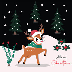 Cute Reindeer Christmas Card – Winter Holiday Greeting Illustration with Snow and Trees