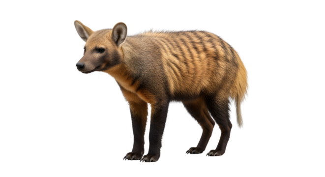 A full-length profile view of an aardwolf, Proteles cristata, standing alertly on a clean, white, isolated background.