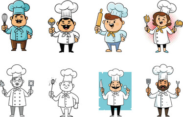 Set of cartoon chefs holding kitchen utensils and food items in colorful and black‑and‑white versions, fun vector cooking illustration