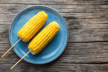Two corn cobs on a blue plate sit atop a rustic wooden surface