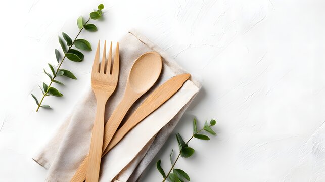 Eco-friendly wooden cutlery set with decorative napkin