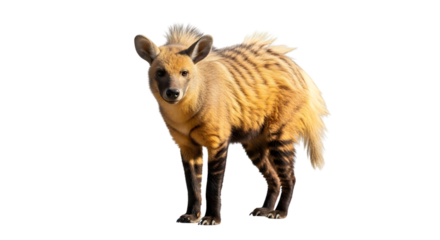 Striking image of a brown hyena standing against a white background.