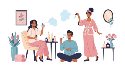 Three diverse people enjoying a relaxing self care routine applying skincare products and serums in a cozy home environment