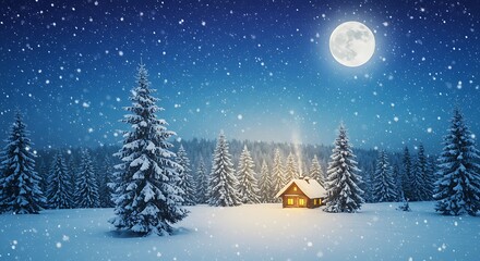 Cozy log cabin nestled in a snowy forest under a bright full moon and falling snowflakes