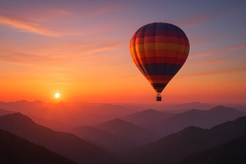 colorful hot air balloon over mountains at sunrise