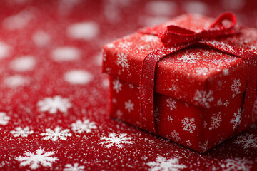 A red box with white snowflakes on it sits on a red background