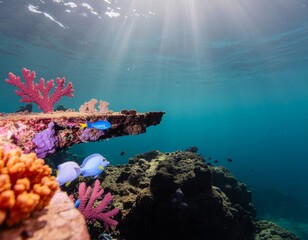 Underwater coral reef scene with fish sunlight ocean sea life marine biology ecosystem aquatic paradise nature