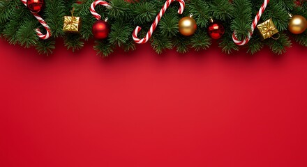 Festive christmas garland with candy canes and ornaments on a vibrant red background