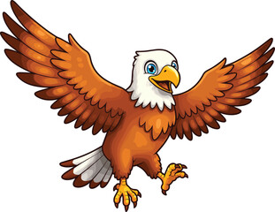 Happy cartoon eagle flying with spread wings, colorful vector illustration of majestic bird for wildlife and nature design