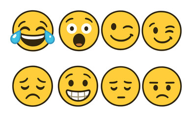 Expressive yellow emojis displaying various emotions on brown background