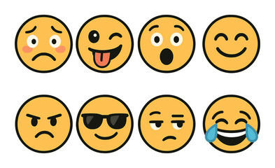 Expressive emoji collection: sadness, joy, surprise, humor, coolness, sarcasm, laughter