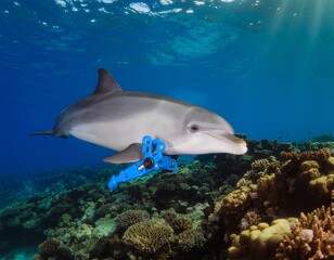 Dolphin underwater coral reef ocean sea marine life wildlife blue robot aquatic animal marine mammal water world