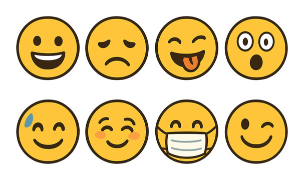Collection of eight expressive yellow emoji faces on brown background