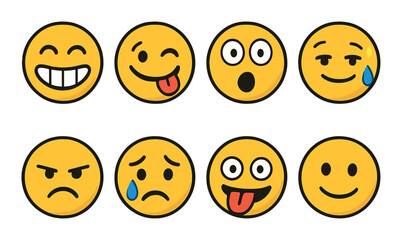 Set of eight yellow emoji faces displaying various expressions on brown background