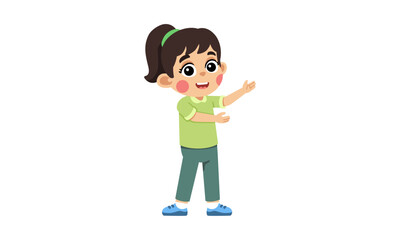 A happy little girl with rosy cheeks, wearing a green shirt and teal pants, is presenting something.