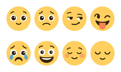 Set of eight glowing emoji faces with various expressions including sadness and joy