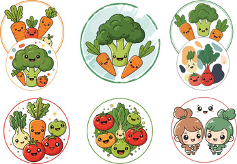 Set of cute cartoon vegetables including carrots, broccoli, radish, tomato, and human characters, fun vector illustration promoting healthy eating